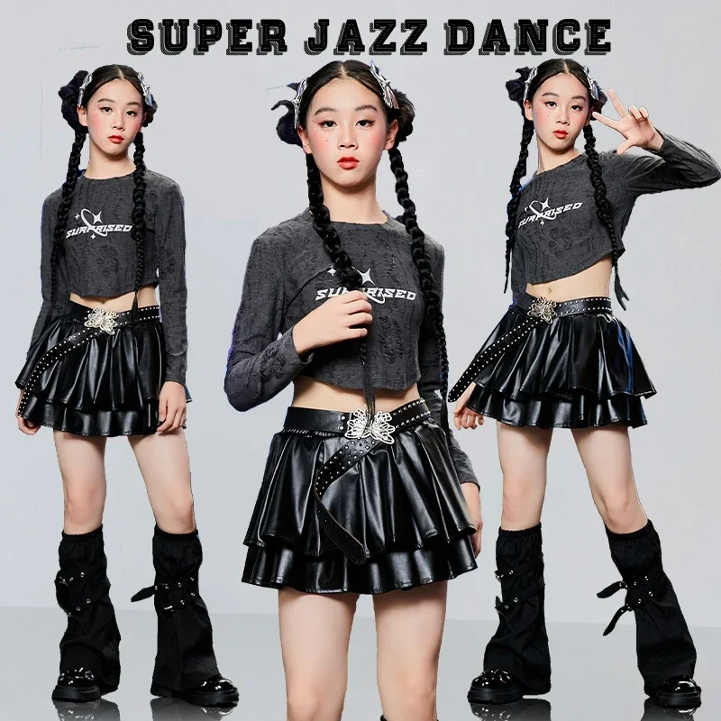 

Children'S Performance Stage Catwalk Outfits Girls Jazz Dance Costume Long Sleeved Top Black Skirt Kids Hip Hop Clothing