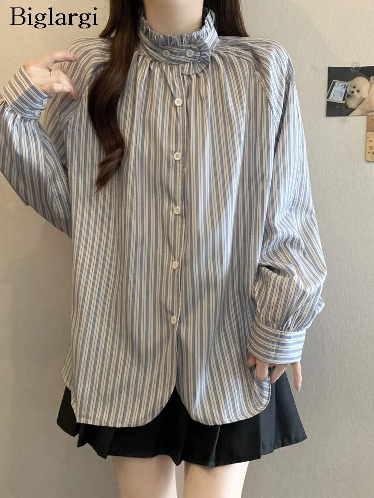 

Женские рубашки на весну с полосатым принтом в милом корейском стиле, модные женские блузки свободного кроя, повседневные женские рубашки с длинным рукавом