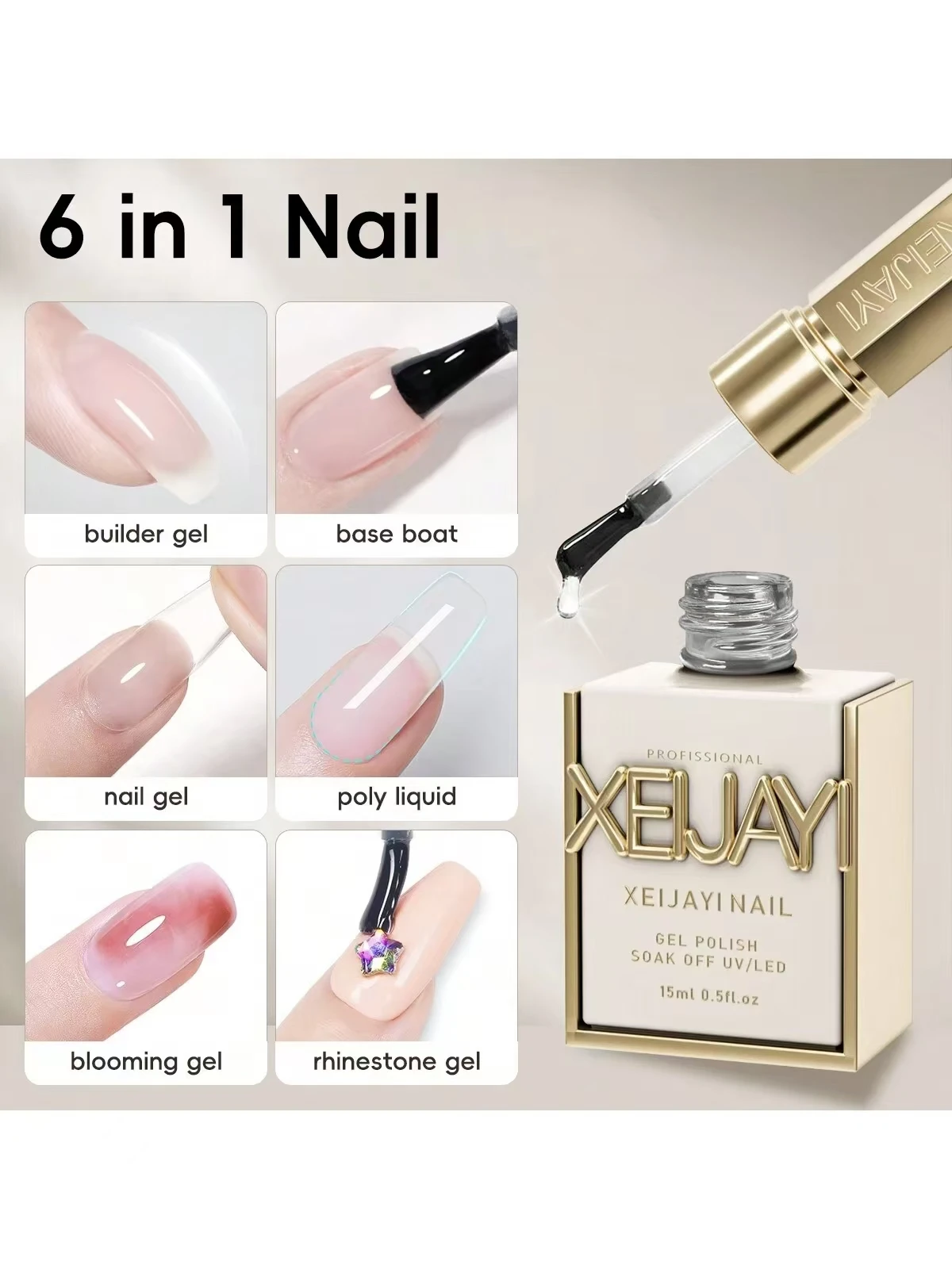 6-in-1 Multi-Function Nail Gel System - Base, Top, Matte, Builder, Self-Leveling & Blending Gel All-in-One Kit