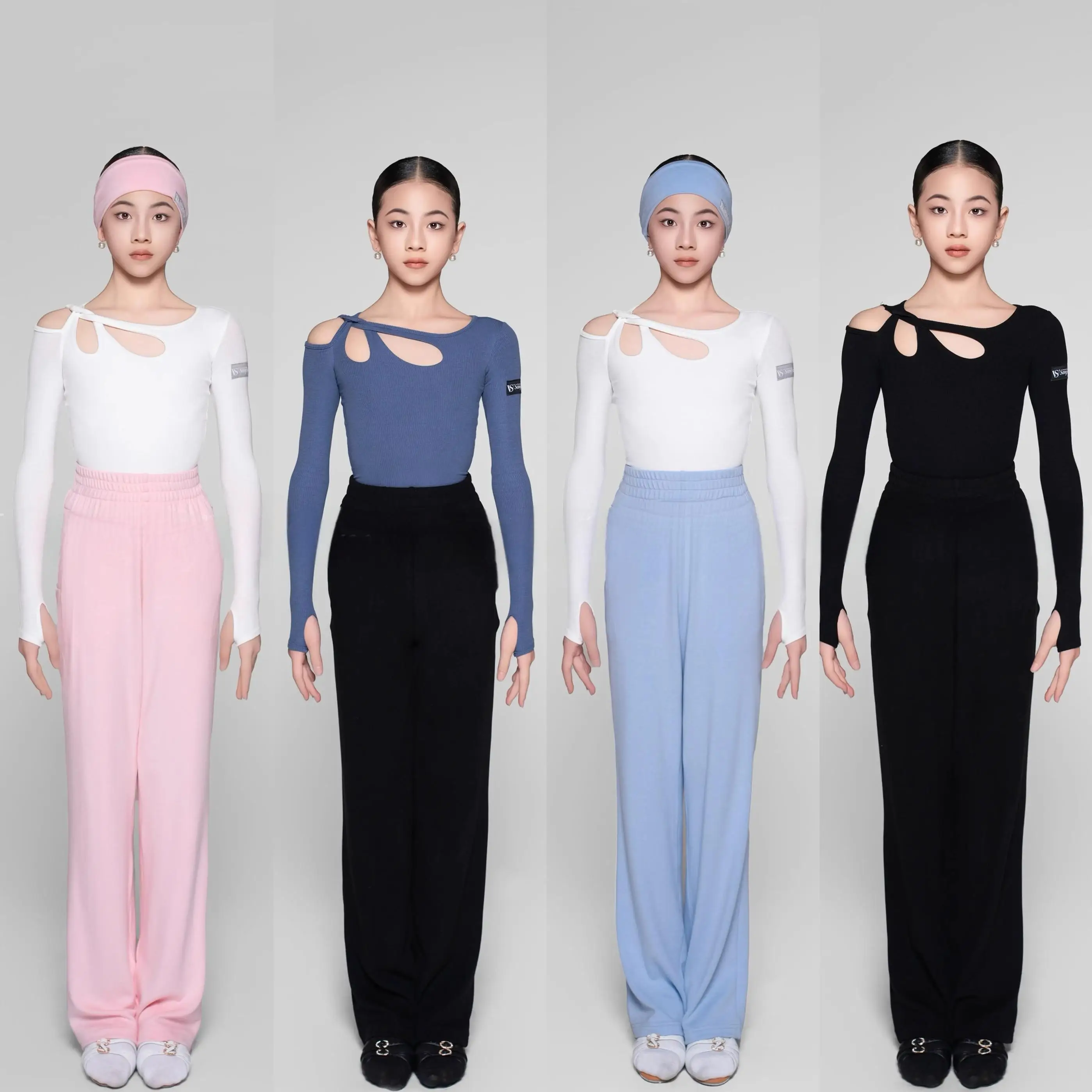 

customized women's adult girls Latin dance costumes threaded hollow out long sleeves one-piece warm pants daily practice suit