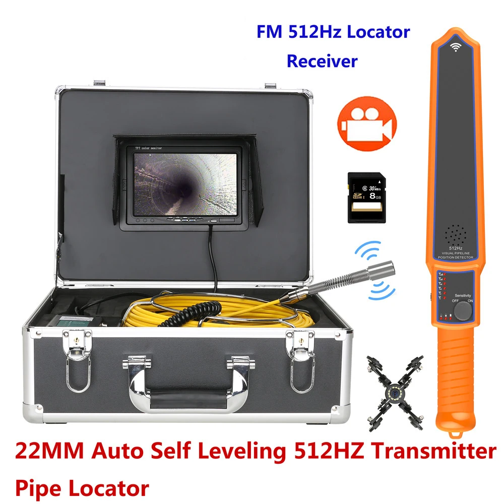 

7" Monitor DVR Sewer Pipe Inspection Video Camera with Auto Self Leveling 512HZ Pipe Locator 22MM IP68 1000TVL Camera 12PCS LED