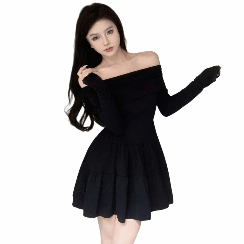

French Sweet Long Sleeved Slim Short Skirt Korean Fashion Lightweight One Collar Dress Leisure Slim Fit A-line Short Skirt Club