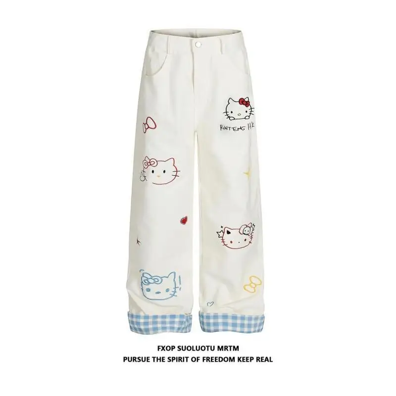 

Джинсы Sanrio Hello Kitty женские, повседневные, с вышивкой, с отворотами, в клетку, свободные, широкие, в стиле boyfriend, прямые, милые