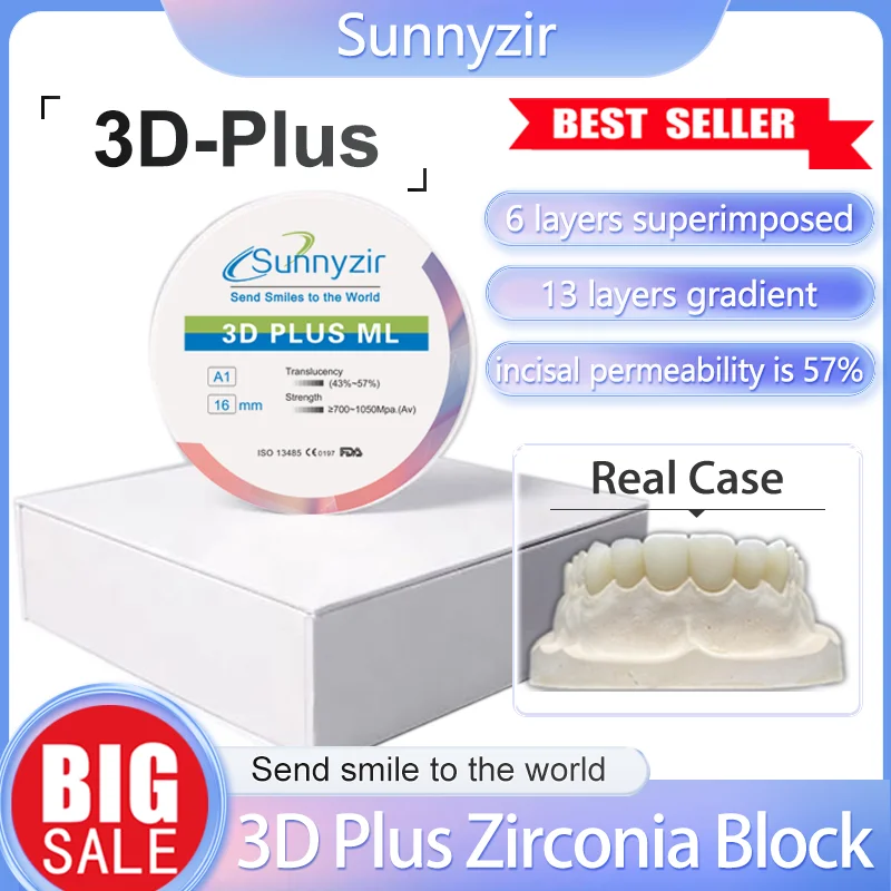 

Sunnyzir 3D-PRO Multilayer Dental Zirconia Block Transparency 43-57% CAD CAM Denture Material Open System B3 Color in Lab