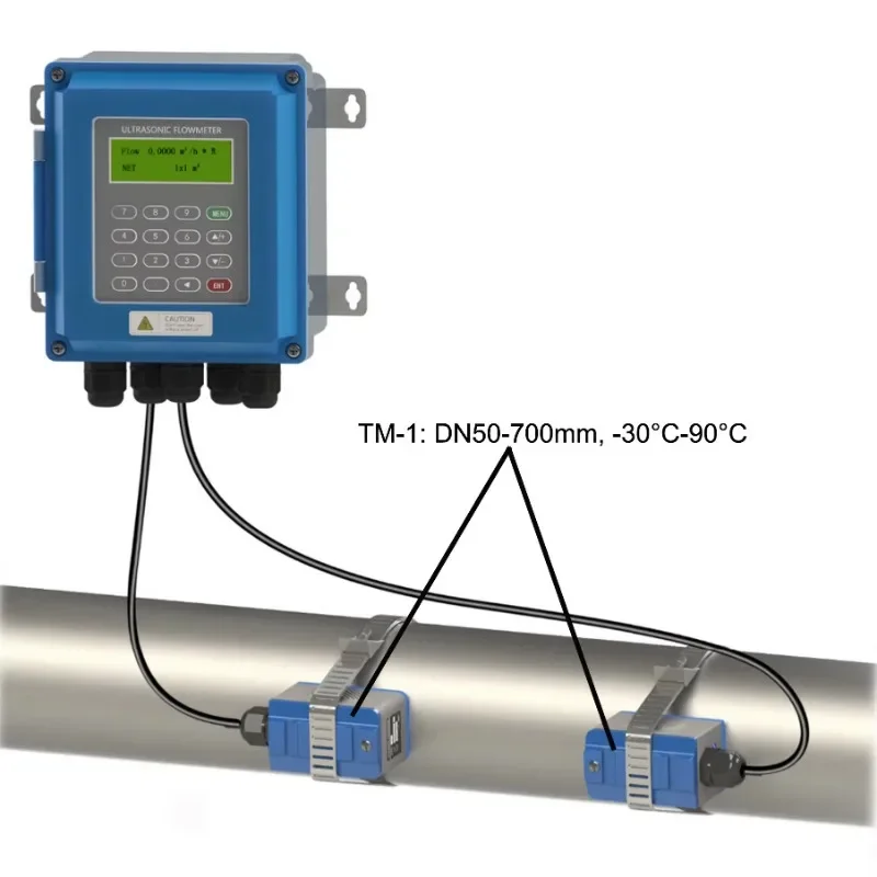 Digital Ultrasonic Water Flowmeter Wall Mounted Clamp on TM-1 Transducer DN50mm-700 TUF-2000B Flow Meter RS485 IP67 Protection