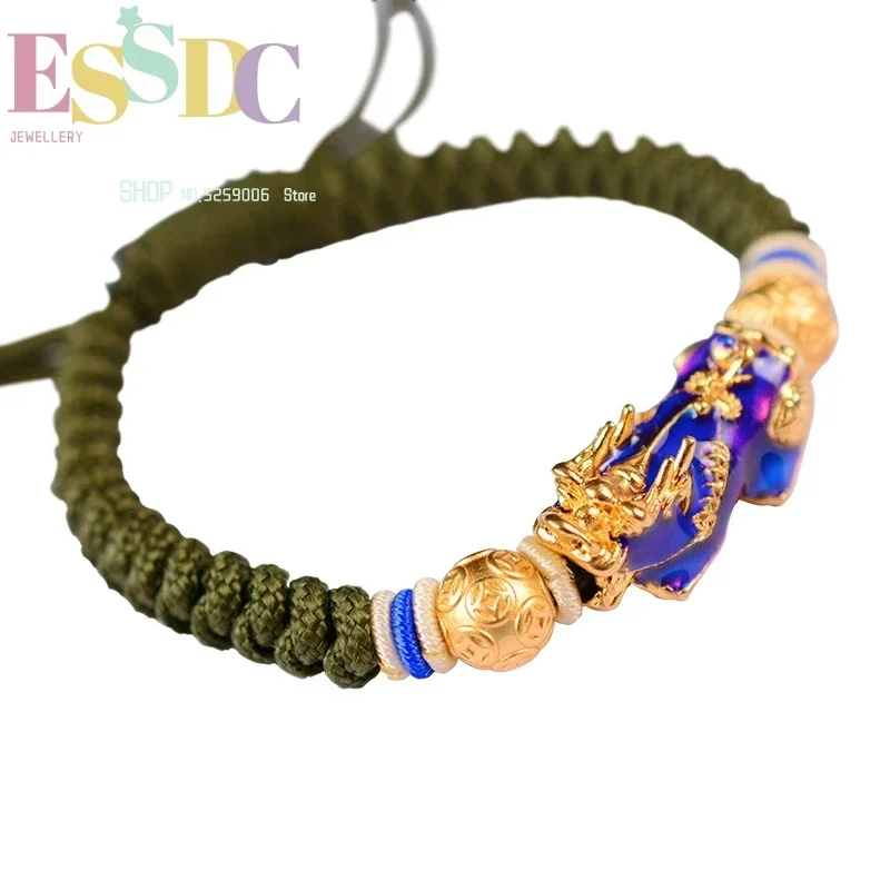 Fashion Men's Change Color Pixiu Charm  Bring Wealth Army Fan Outdoor Copper Handmade Lucky Rope Chain Bracelet Dropship view 5