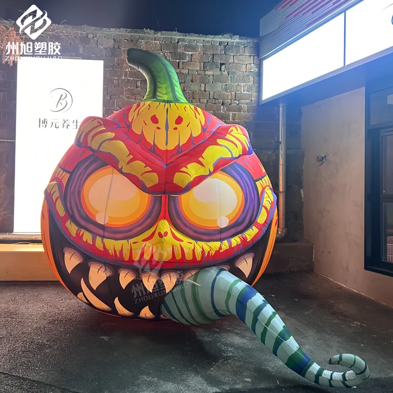 Zucca gonfiabile gigante alta e spaventosa con faccia e lingua feroce Grandi decorazioni per la testa di zucca di Halloween con luce a LED