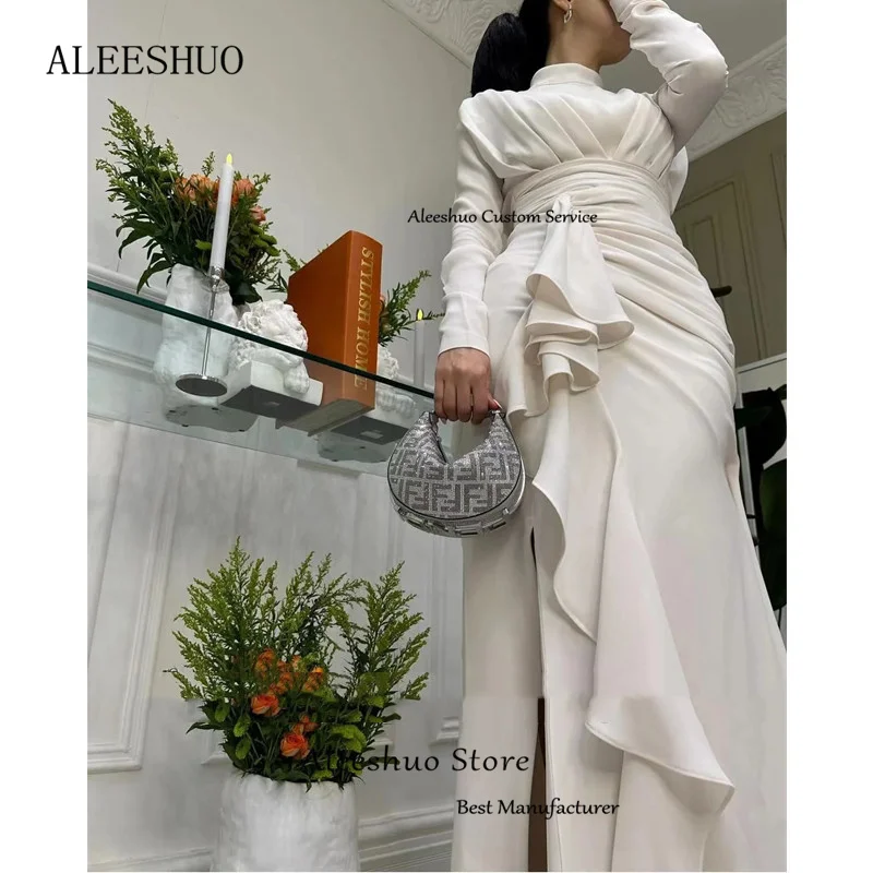 Aleeshuo Saudi Arabia Satin Mermaid Prom Dress 2025 Long Sleeves Tiered Party Dress Strapless Pleat High Neck Vestido Customized