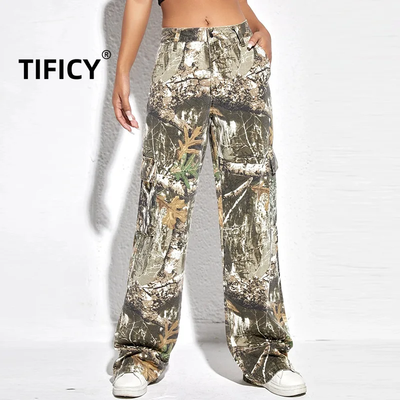 

TIFICY Embroidered Printed Camouflage Pants Women's Spring New Fashion High Waisted Panel Zipper Casual Loose Straight Pants