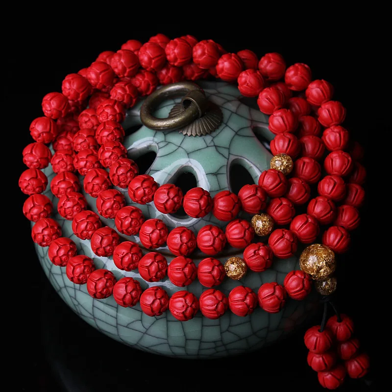

Cinnabar Carving Lotus Bracelet 108 Beads Long Cinnabar HandString Tourist Temple Buddha Beads Rosary Lucky Chanting Sutras Bead