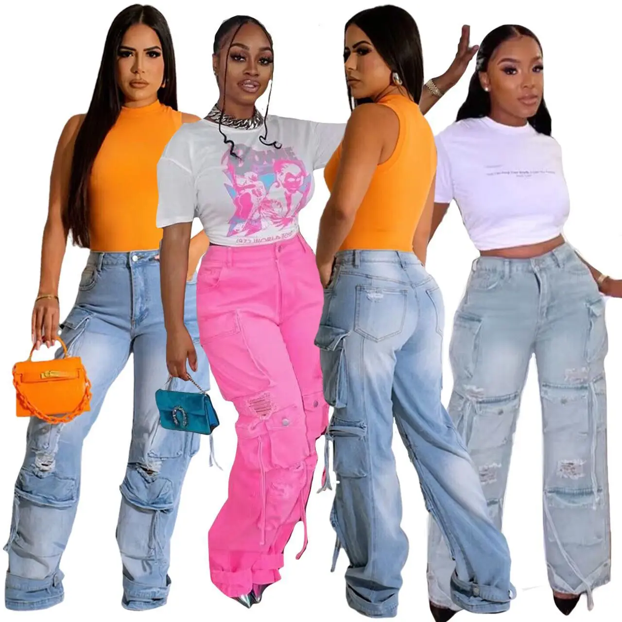 

Y2K Denim Pocket Pants Streetwear Jeans High Waist Fashion 2023 Women Summer Clothes Trousers Denim Wide Leg Baggy Pants