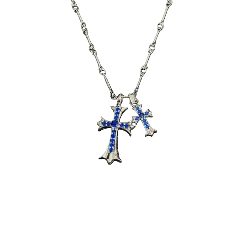 

Silver-Tone Double Cross Pendant Necklace with Sapphire Crystals: Gothic-Luxe Edgy Statement Piece