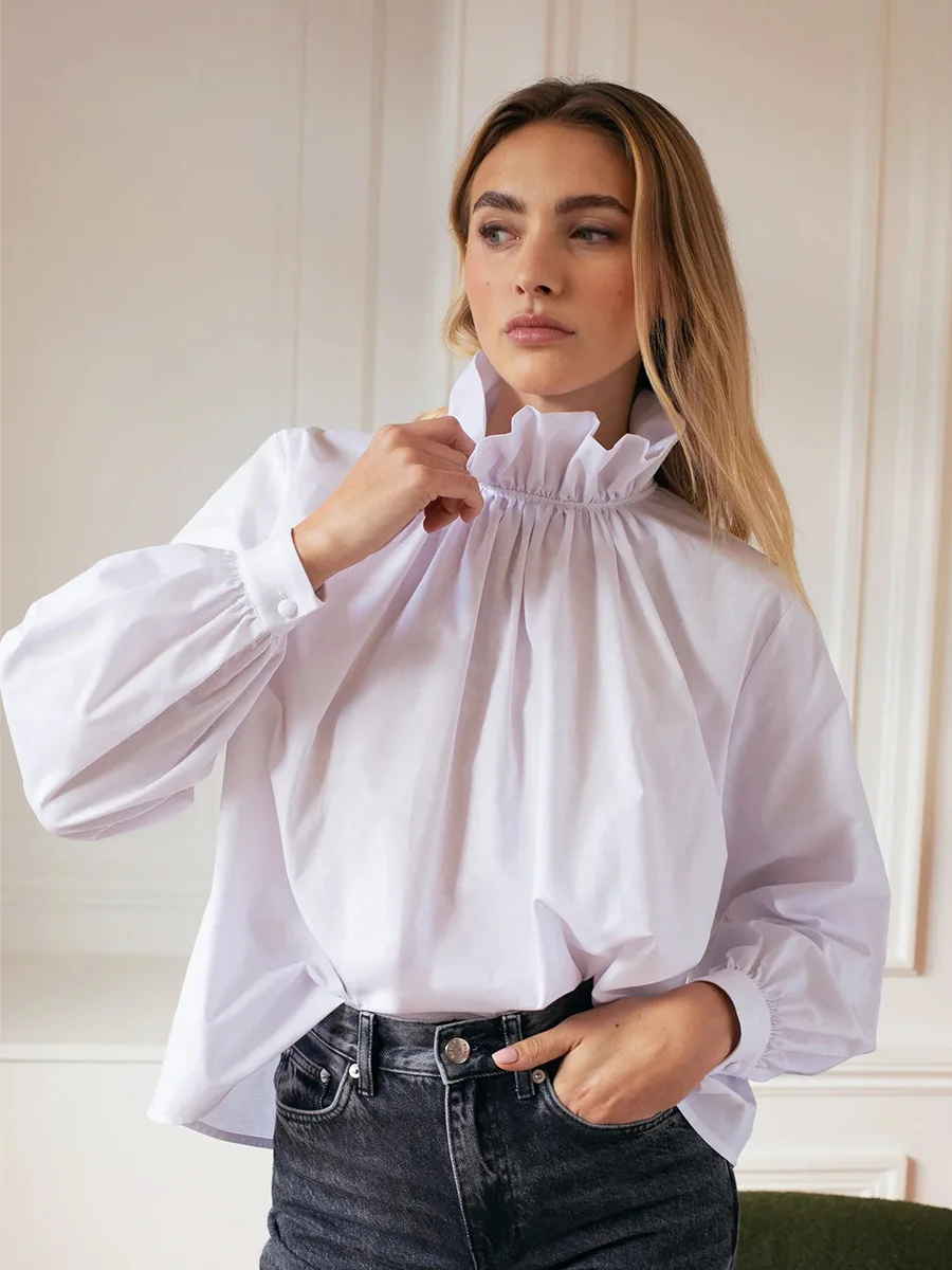 

Bornladies 2026 Spring-Summer Women's Stand Collar Shirt Ruffled Fan High Neck Long-Sleeve Stylish Ruffled Design Top