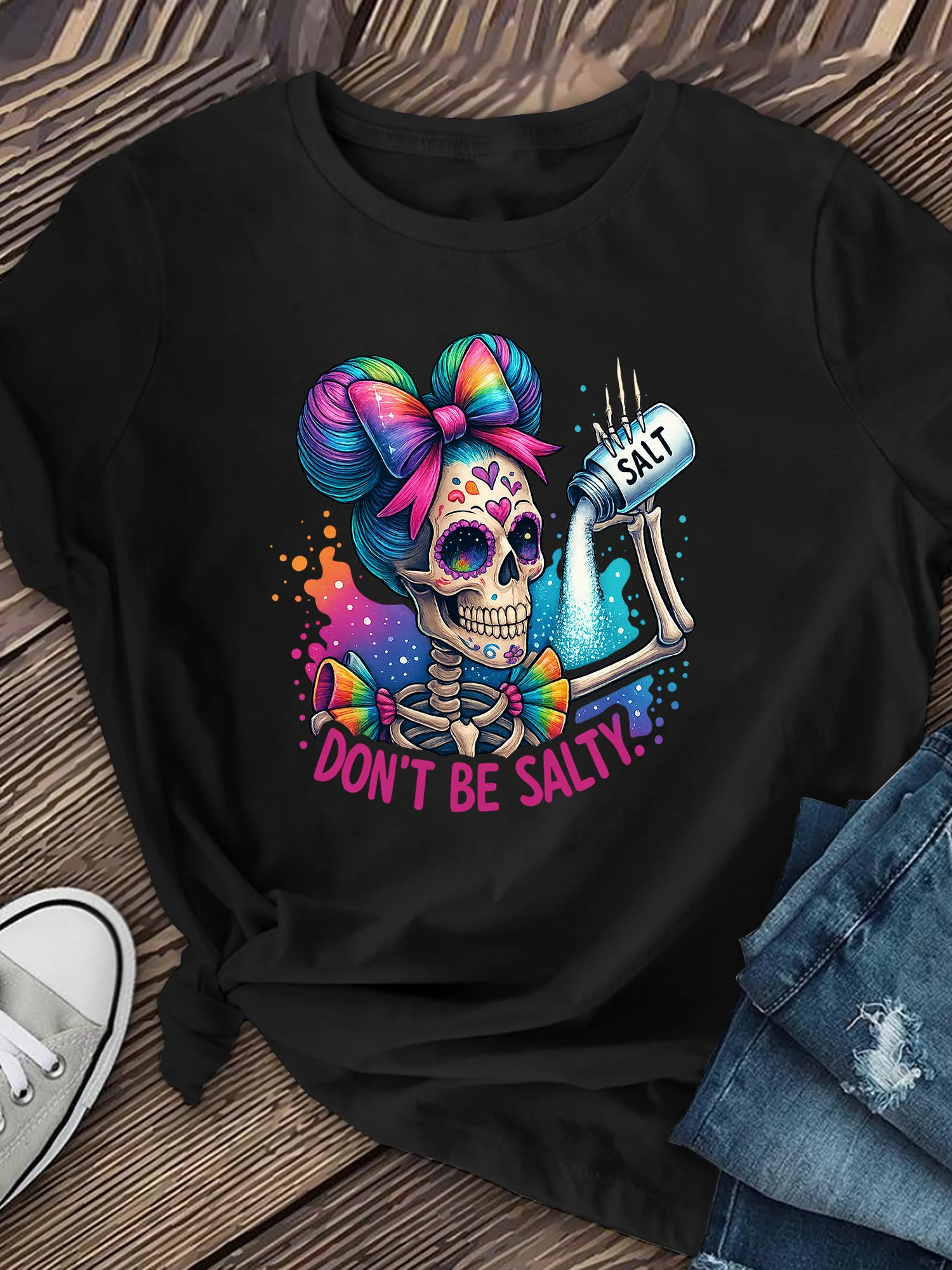 Don't Be Salty Women's Tee - Colorful Sugar Skull Graphic, Casual White Top