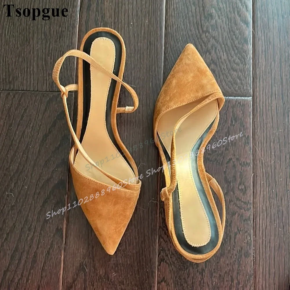 

Trending Brown Flock Slingback Shallow Sandals Thin High Heel Women Shoes Slip On Pointed Toe 2025 Fashion Zapatos Para Mujere