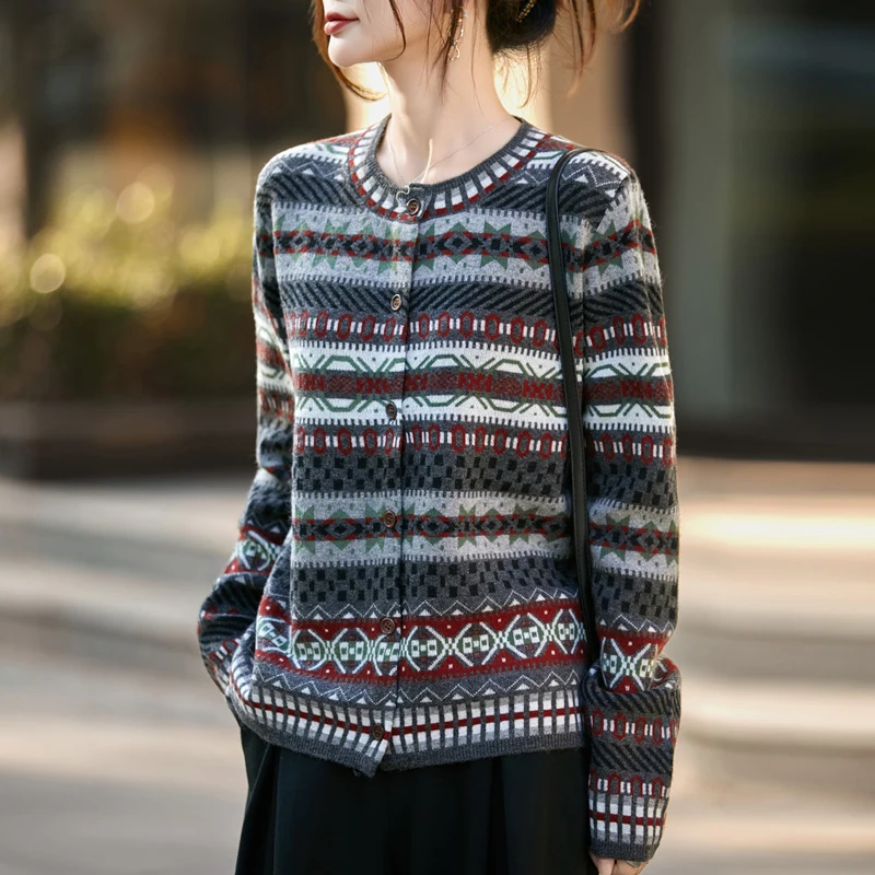 100% Wool Retro Jacquard Round Neck Cardigan Woolen Outerwear Top for Women Winter Striped Knitwear Lazy Style Color Block Top