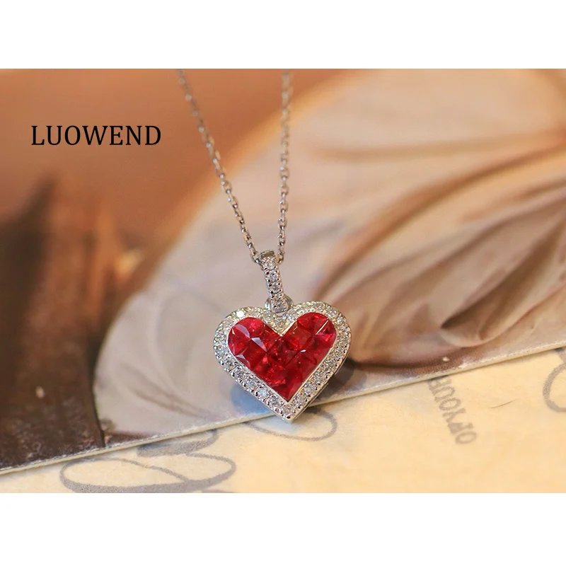

Ожерелье LUOWEND из 100% 18-каратного белого/желтого золота, романтическое ожерелье в форме сердца с блестящими бриллиантами и натуральным рубином для женщин, изысканные ювелирные изделия