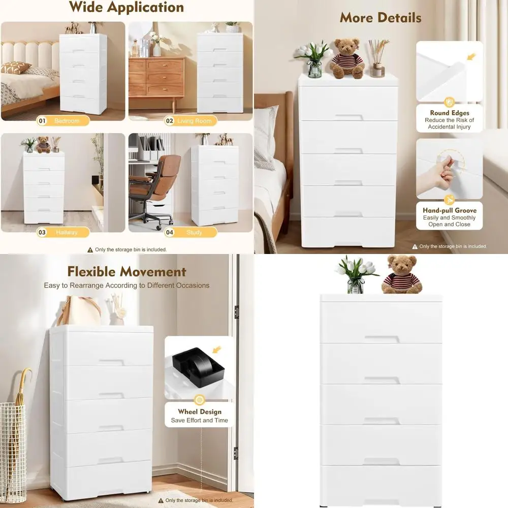 

5-Drawer Locking Vertical File Cabinet with Wheels, White Storage Cabinet for Home & Office, 5-Tier Plastic Storage Unit, 17.1 x