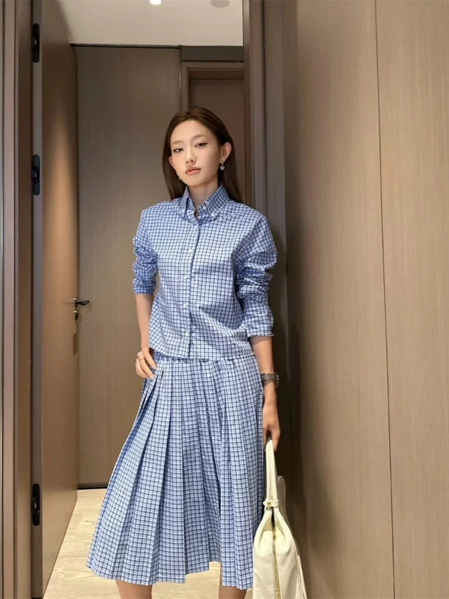 

LOTTIE Высококачественная ранняя осень, новая синяя клетчатая юбка-миди с вышивкой и эластичной резинкой на талии, женская модная школьная юбка