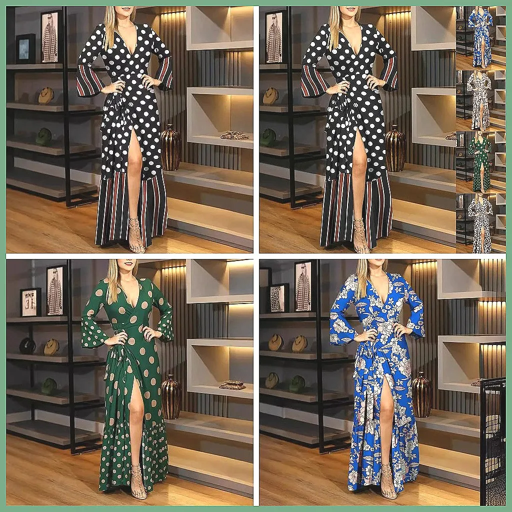 

2024 New V-Neck Long Sleeve Dress, Elegant Spliced Slit Maxi Dress for Autumn Winter