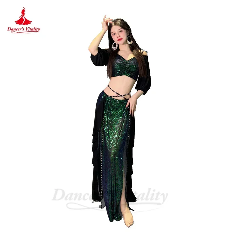 Costume da danza del ventre per donna Top a maniche corte + gonna lunga divisa 2 pezzi Set professionale orientale vestito da danza del ventre