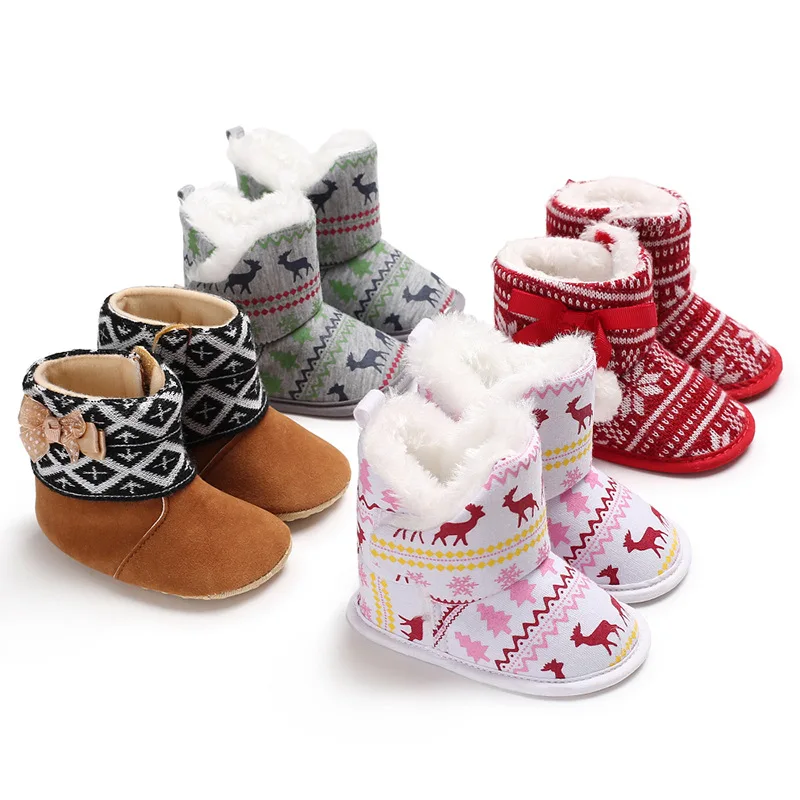 

Winter Baby Shoes Christmas Newborn Knitted Snow Boots Toddler Boys Girls Warm Cotton Shoes Non-slip Sole Booties First Walkers