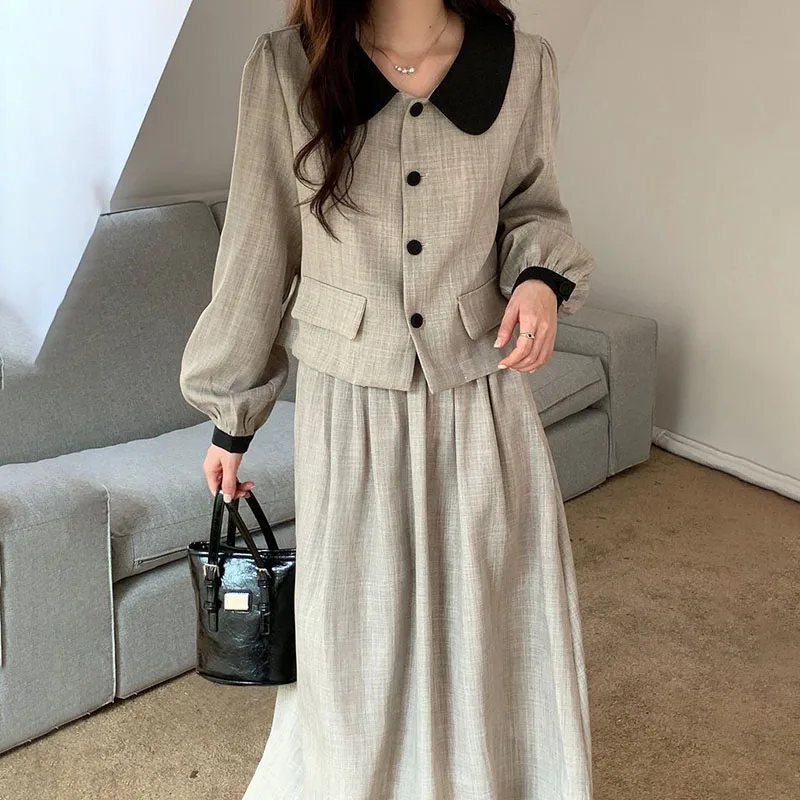 Spring Autumn Women Elegant Skirt Two Piece Set Turn-down Collar Crop Tops Short Jackets + High Waist A-line Pleated Skirts Suit