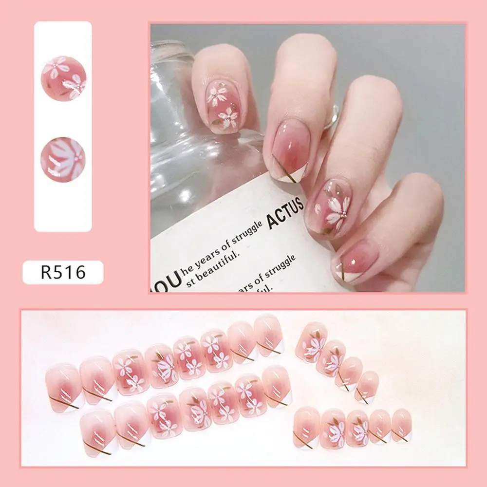 

24 PCS Exquisite Small Flower Camellia Nail Art Pieces Short Square Wearing Nail Products High-end Feel Fake Nails With Adhesive