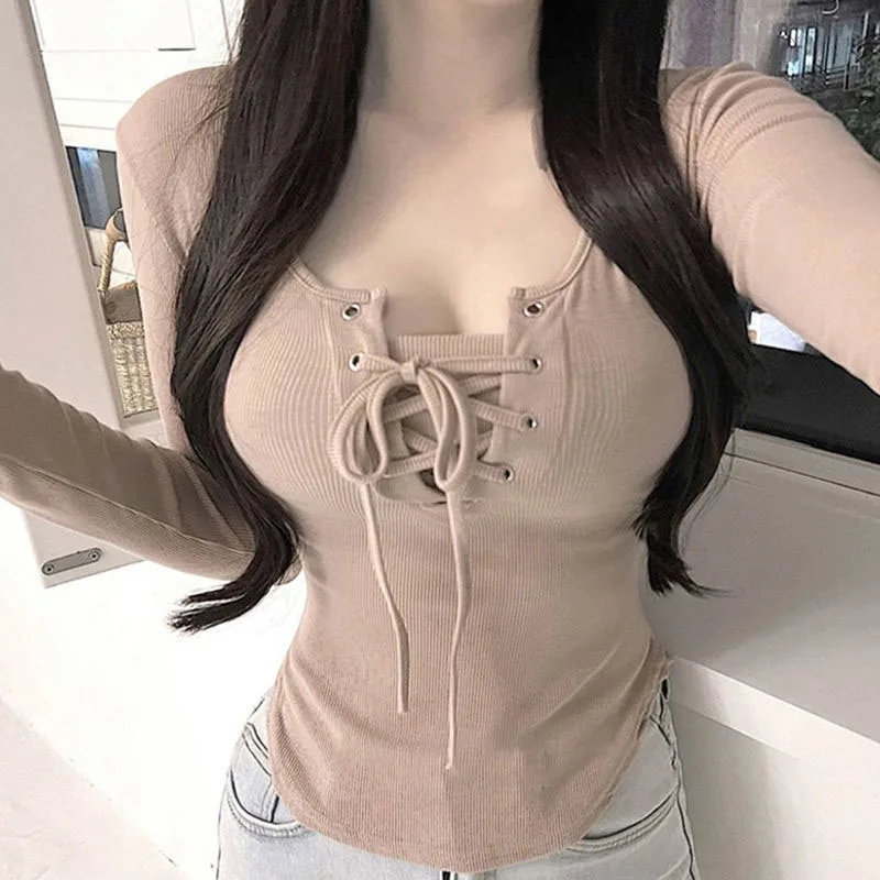 Lucyever Sexy Lace-Up Round Neck T-Shirts Women Autumn New Long Sleeve Irregular Ribbed Tees Woman Solid Color Slim Crop Tops