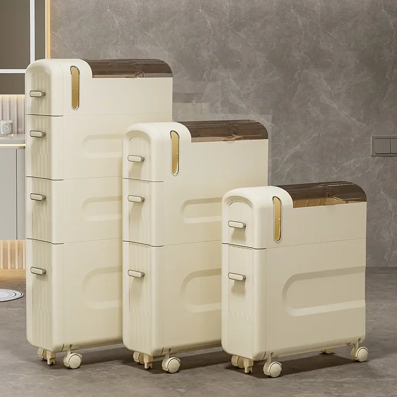 Cream Style Transparent Plastic Storage Shelf Narrow Bathroom Floor Cart Toilet Side Gap Cabinet for Storage