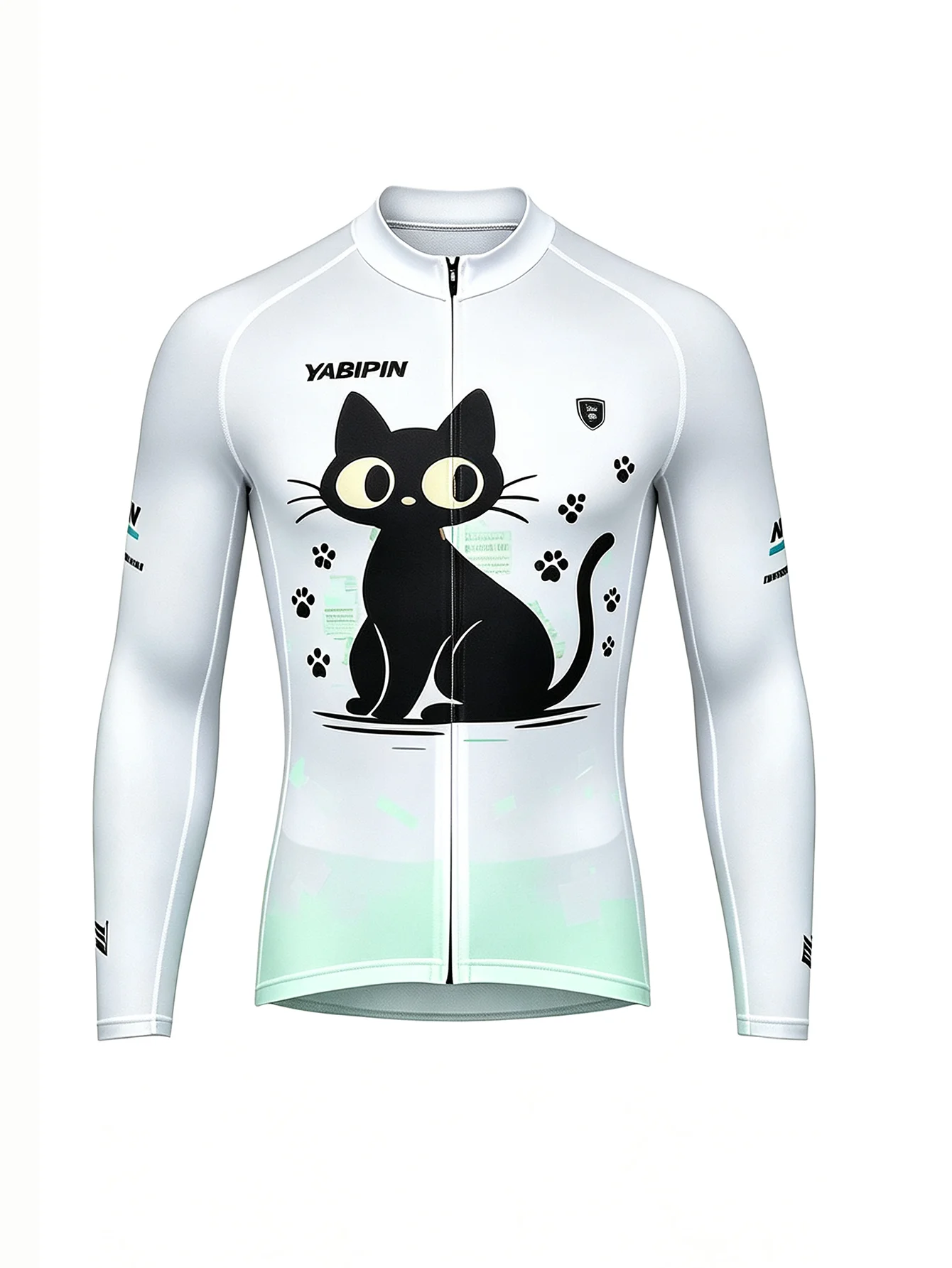 New Men's Long Sleeve Bike Jersey White Base With Twin Black Cat Pattern Slim Fit Quick Dry Cycling Top Maillot De Ciclismo