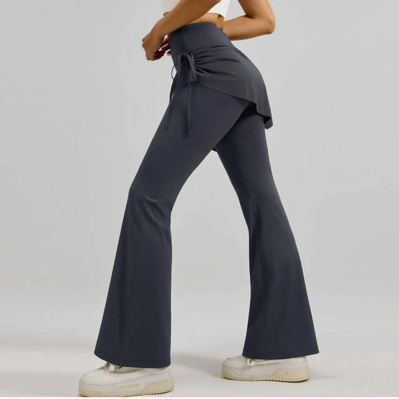 Women Skirt Flare Leggings High Waist Ruched Drawstring Yoga Pants Tummy Control Workout Leggings Gym Pilates Casual Streetwear