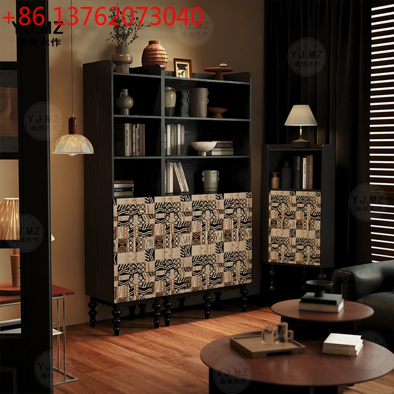 

French retro geometric art solid wood combination bookcase living room study whole wall