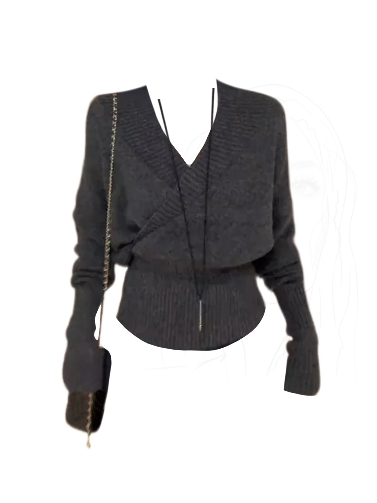 

Women Dark Grey Pullover Sweater Vintage Jumper Knit Long Sleeves V-Neck Oversize Cashmere Sweater Autumn Winter 2000s Clothes