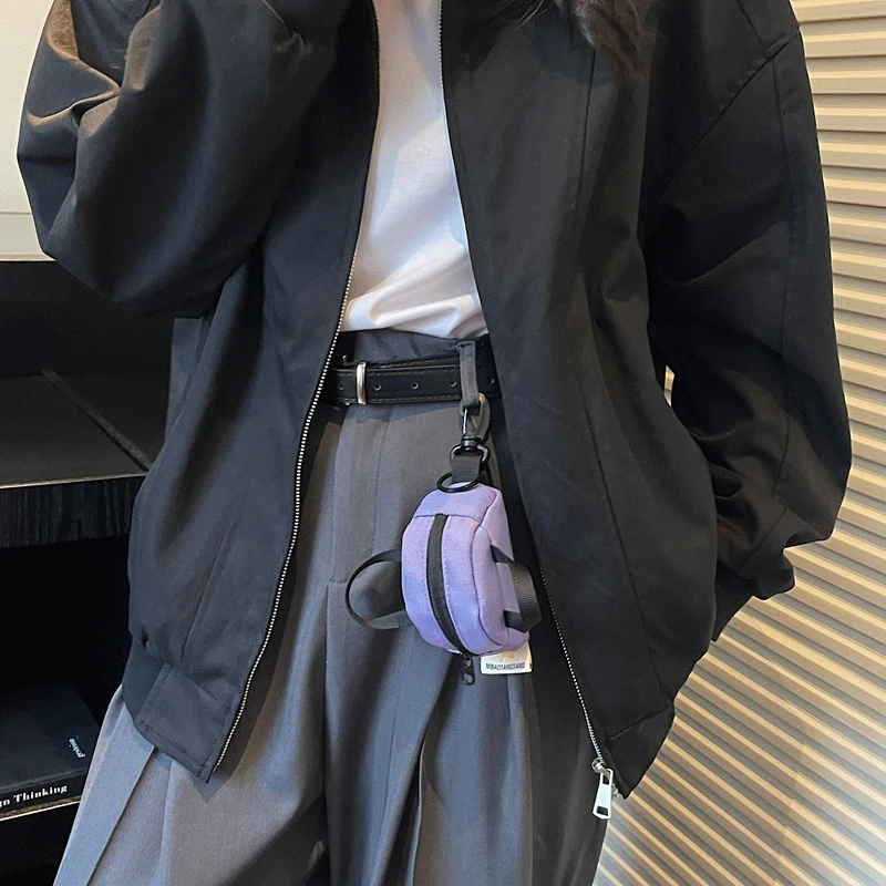 Cute Mini Earphone Bags For Women Canvas Solid Color Backpack Pendant Lipstick Coin Purse With Hook Lightweight Casual Belt Bags