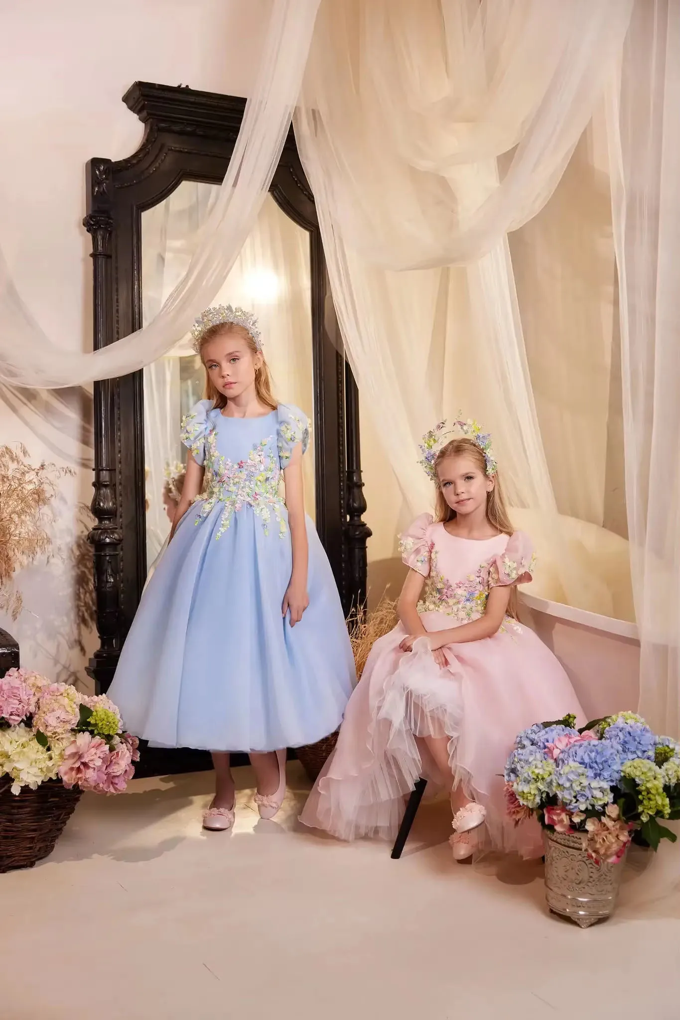 

Blue Flower Girl Dress for Wedding Party Appliques Tulle A-Line Puffy Princess Kids Birthday Party First Communion Gowns ﻿