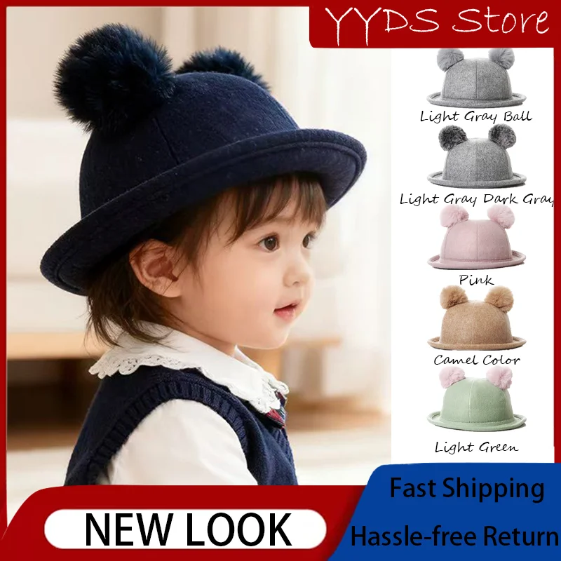 Kids Winter Wool Felt Cloche Hat - Warm Pom Pom Rolled Brim Basin Cap for Baby Toddlers