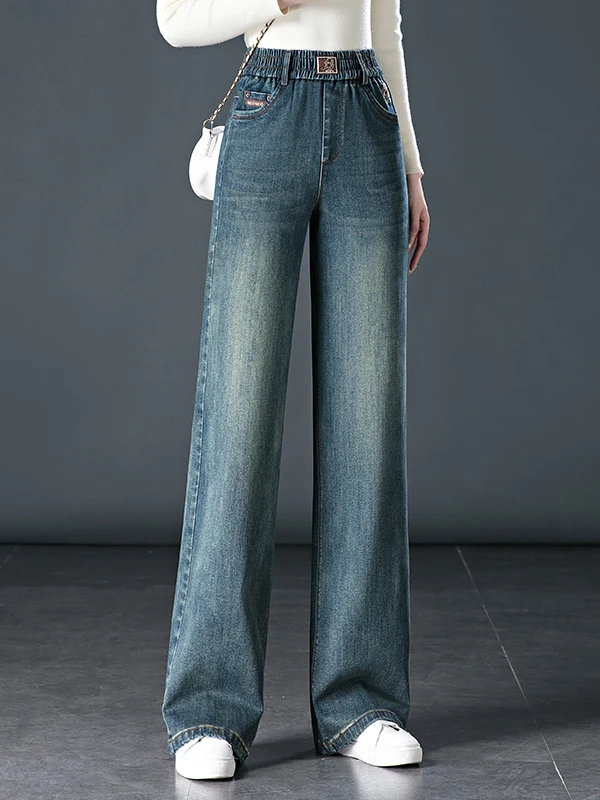 

Широкие джинсовые джинсы в стиле ретро, женские весенне-осенние эластичные прямые брюки больших размеров, длинные брюки мм, повседневные брюки с высокой талией