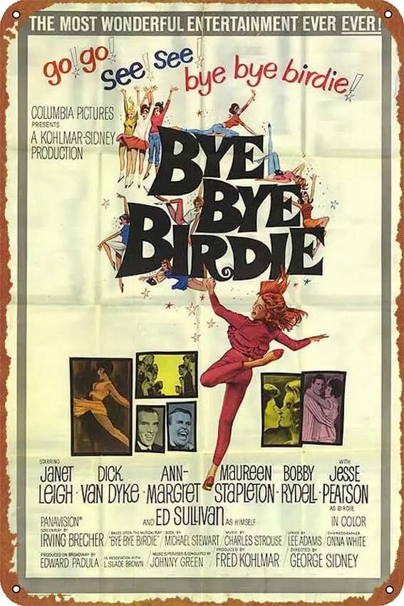 ملصق فيلم Bye Bye Birdie ذو مظهر عتيق من القصدير المعدني لتزيين الحائط مقاس 8 × 12 بوصة