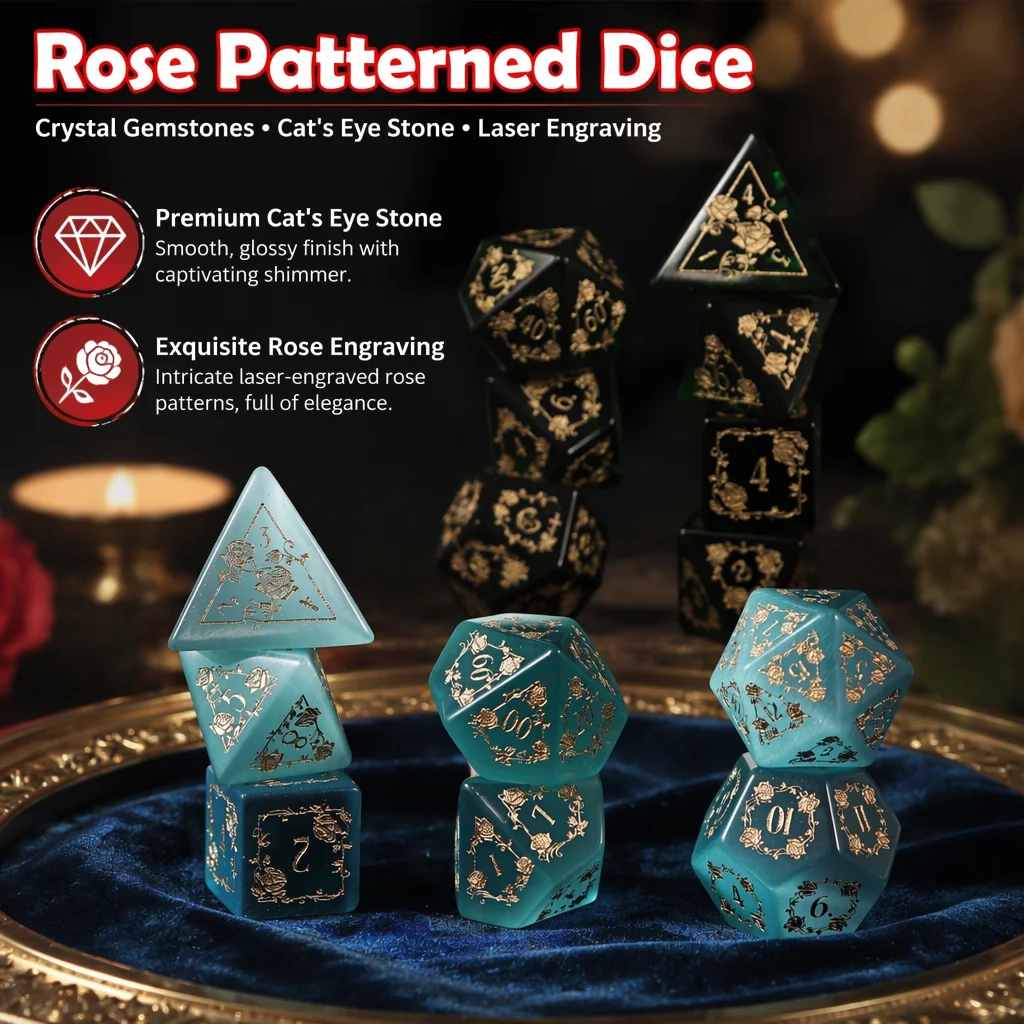 Mother's Day Gift Rose Pattern Crystal Dice Set Fashionable and Elegant Style Suitable for DND/RPG Desktop Games Essential