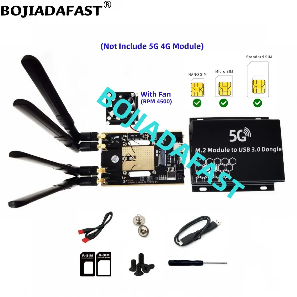 

USB 3.0 Cable to NGFF M.2 Key-B Wireless Module Adapter Card 1 SIM Slot With 4 Antennas & 4500rpm Fan For 5G 4G LTE GSM Modem