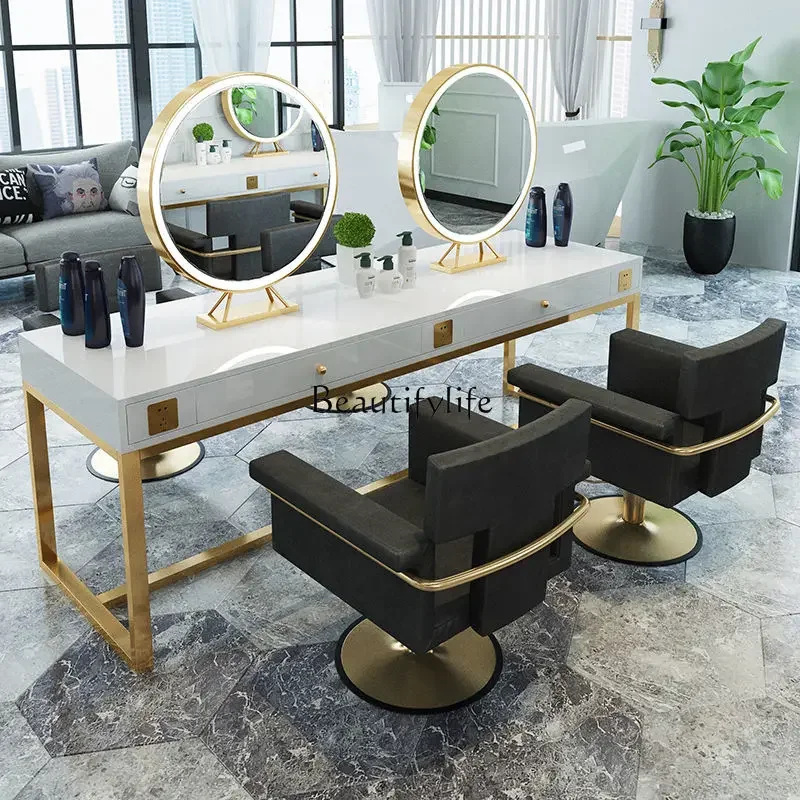 06Beauty Salon for Hair Salon Marble Hot Dyeing Table All-in-One Cabinet Makeup Mirror Table