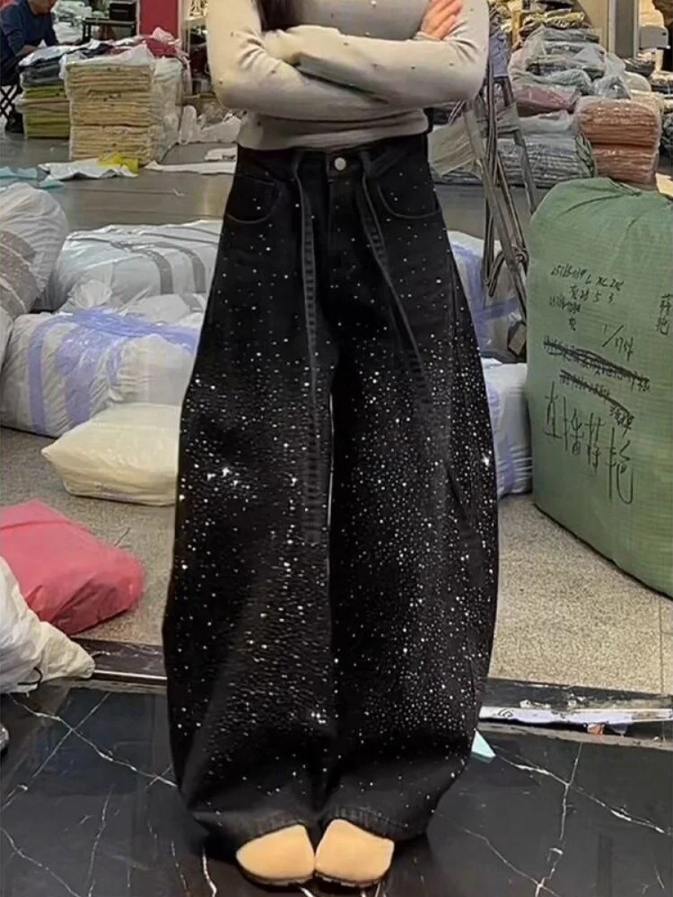 

Retro Splicing Glittering Rhinestone Loose Wide Leg Jeans Women plus Size Pear Shape Body Lazy Dragging Floor Jeans