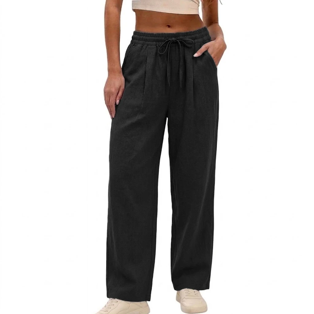Neue Damen-Baumwollhose mit weitem Bein, lässige, lockere, hochtaillierte lange Hose, weiche Jogginghose, Baggy-Sweatpants mit Kordelzug für Sport. – Detail 4