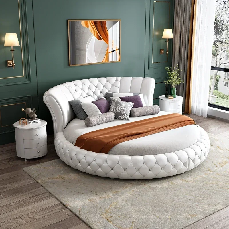 Genuine Leather Double Bed Large Round European Style Double Bed Simple Luxury Sleeping Camas De Dormitorio Bedroom Furniture