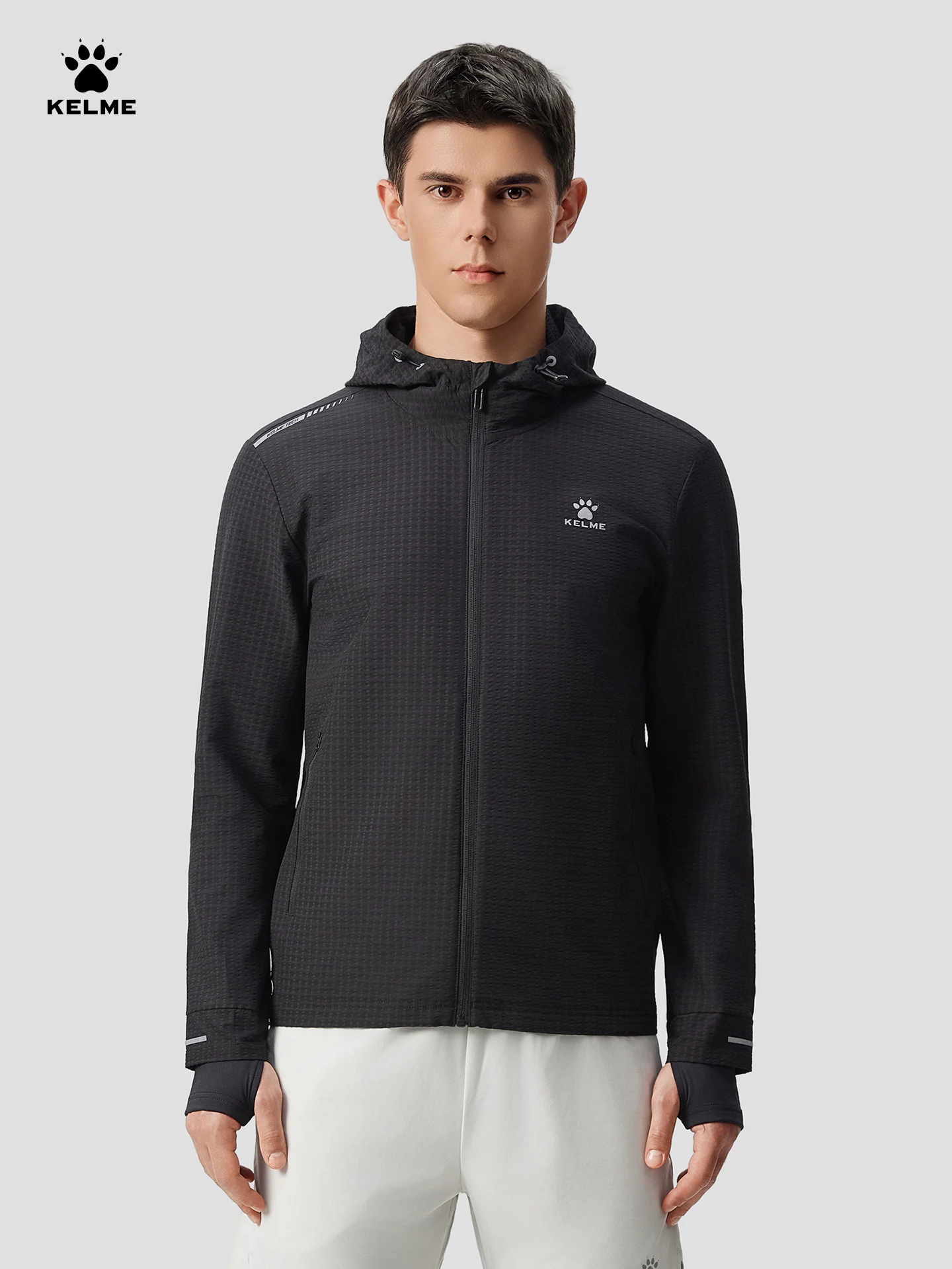 Kelme Men's Windproof Thermal Hooded Jacket Outdoor Running Jacket All-around Training Fitness Cardigan