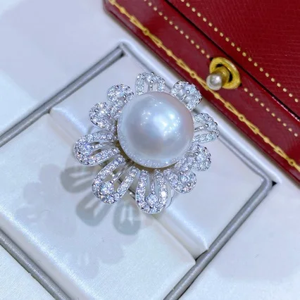 12-13mm Natural Edison Pearl Flower Ring S925 Silver Paved Baguette Zircon Luxury Women Statement Finger Jewelry