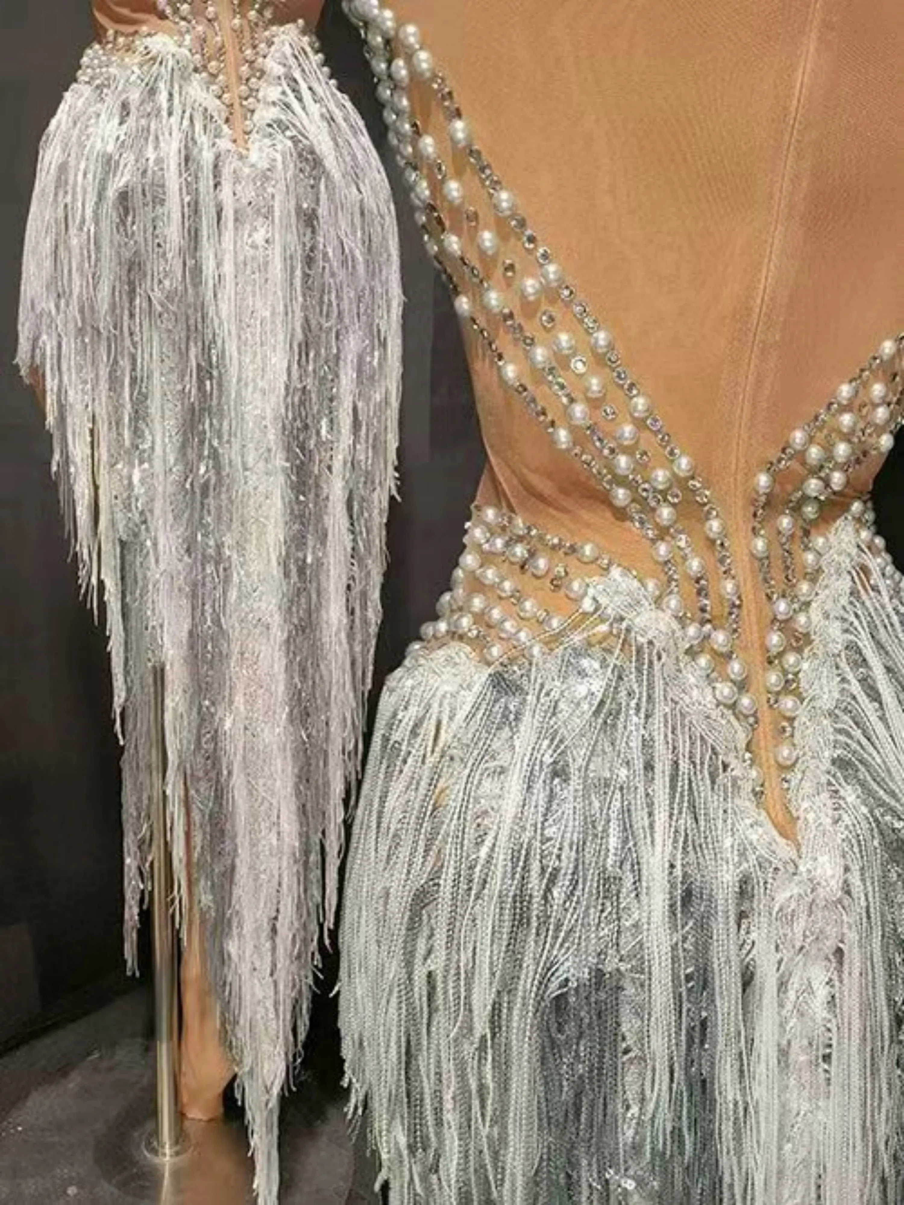 Chic Tassel Mesh Latin Dance Costume with Rhinestones and Pearls One Size Ballet Stage Clothing