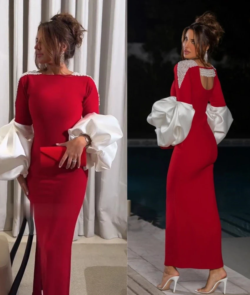 

Customized Elegant Jersey Straight Pearls Beading Formal Dress, High Quality White Puff Sleeve Long Sleeves Evening Gown