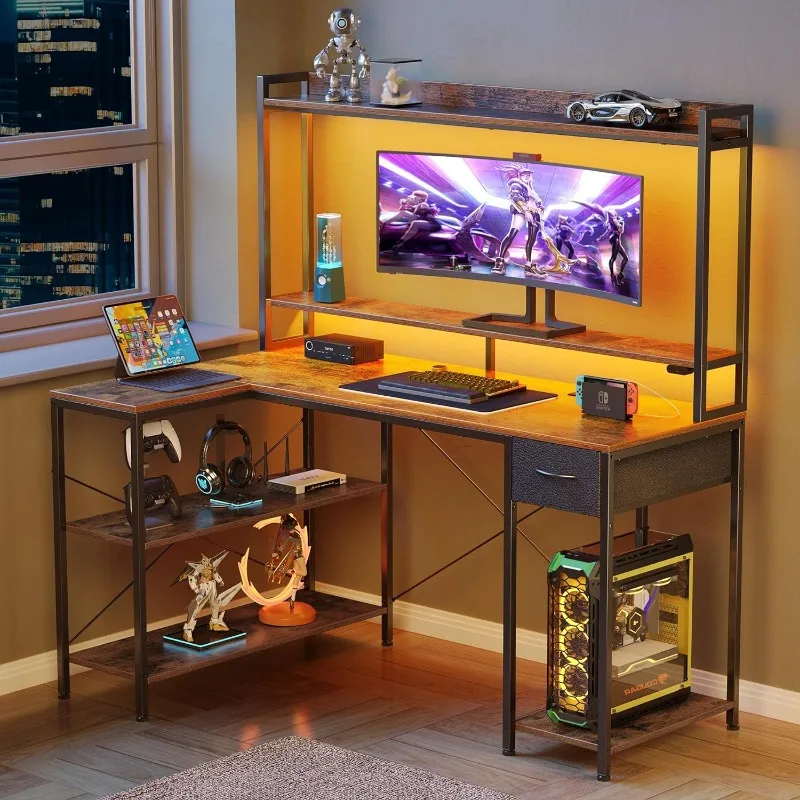 Gaming Desk with LED Light & Power Outlets, 47 inch Computer Desk with Shelves, Reversible L Shaped Desk with